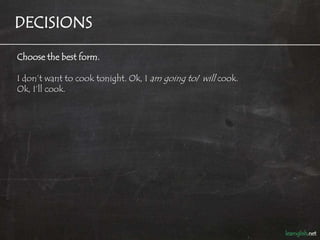 DECISIONS

Choose the best form.

I don’t want to cook tonight. Ok, I am going to/ will cook.
Ok, I‘ll cook.
 