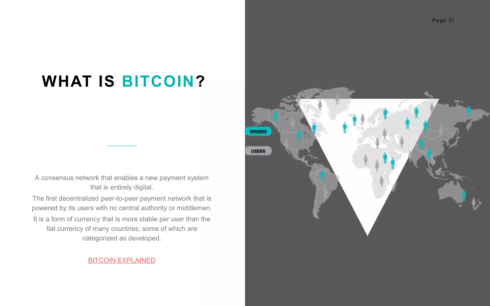 21P a g e
WHAT IS BITCOIN?
A consensus network that enables a new payment system
that is entirely digital.
The first decentralized peer-to-peer payment network that is
powered by its users with no central authority or middlemen.
It is a form of currency that is more stable per user than the
fiat currency of many countries, some of which are
categorized as developed.
BITCOIN EXPLAINED
 
