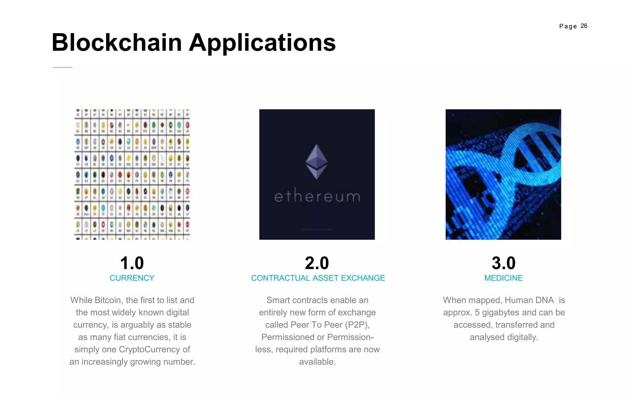 26P a g e
Smart contracts enable an
entirely new form of exchange
called Peer To Peer (P2P),
Permissioned or Permission-
less, required platforms are now
available.
CONTRACTUAL ASSET EXCHANGE
2.0
When mapped, Human DNA is
approx. 5 gigabytes and can be
accessed, transferred and
analysed digitally.
MEDICINE
3.0
While Bitcoin, the first to list and
the most widely known digital
currency, is arguably as stable
as many fiat currencies, it is
simply one CryptoCurrency of
an increasingly growing number.
CURRENCY
1.0
Blockchain Applications
 