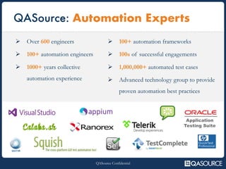 QASource Confidential
QASource: Automation Experts
Ø Over 600 engineers
Ø 100+ automation engineers
Ø 1000+ years collective
automation experience
Ø 100+ automation frameworks
Ø 100s of successful engagements
Ø 1,000,000+ automated test cases
Ø Advanced technology group to provide
proven automation best practices
Application
Testing Suite
 