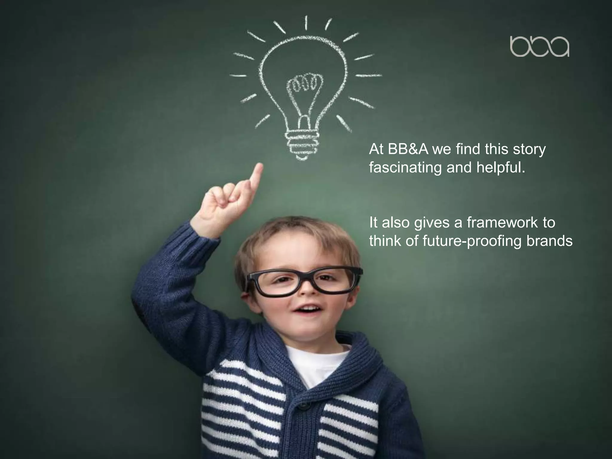 At BB&A we find this story
fascinating and helpful.
It also gives a framework to
think of future-proofing brands
 
