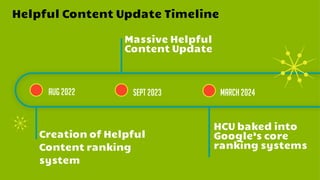 Creation of Helpful
Content ranking
system
Aug 2022 Sept 2023 March 2024
Helpful Content Update Timeline
Massive Helpful
Content Update
HCU baked into
Google’s core
ranking systems
 