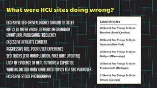 Excessive seo-driven, highly similar articles
What were HCU sites doing wrong?
Excessive affiliate content
Aggressive ads, poor user experience
SEO tricks (ctr manipulation, fake date updated)
Articles offer vague, generic information
Lack of evidence of real authors & expertise
Writing on too many unrelated topics for seo purposes
Unnatural publishing frequency
Excessive stock photography
 