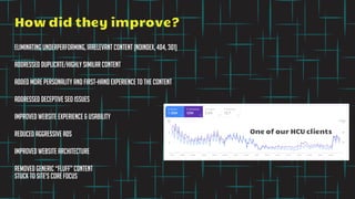 How did they improve?
One of our HCU clients
Eliminating underperforming, irrelevant content (noindex, 404, 301)
Addressed duplicate/highly similar content
Added more personality and first-hand experience to the content
addressed deceptive Seo issues
Improved website experience & usability
Reduced aggressive ads
Improved website architecture
Removed generic “fluff” content
Stuck to site’s core focus
 