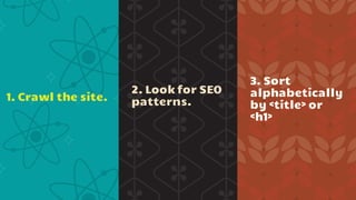 1. Crawl the site.
2. Look for SEO
patterns.
3. Sort
alphabetically
by <title> or
<h1>
 