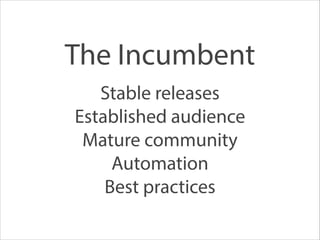 Stable releases
Established audience
Mature community
Automation
Best practices
The Incumbent
 