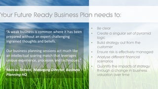 • Be clear
• Create a singular set of pyramid
logic
• Build strategy out from the
customer
• Ensure risk is effectively managed
• Analyse different financial
scenarios
• Quantify the impacts of strategy
through a change in business
valuation over time
Your Future Ready Business Plan needs to:
“A weak business is common where it has been
prepared without an expert challenging
ingrained thoughts and beliefs.
Our business planning sessions act much like
an intellectual sparing match that leverages
unique experience, processes and techniques.”
Marcus Tarrant, Managing Director, Business
Planning HQ
 