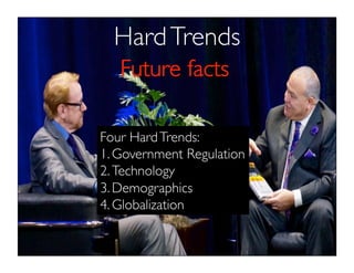 HardTrends
Four HardTrends:
1. Government Regulation
2. Technology
3. Demographics
4. Globalization
 