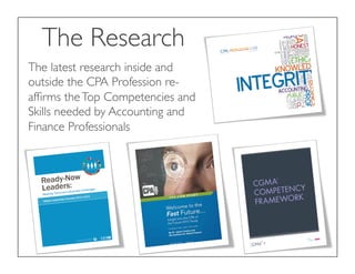The Research
The latest research inside and
outside the CPA Profession re-
afﬁrms theTop Competencies and
Skills needed by Accounting and
Finance Professionals
 