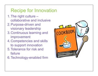 Recipe for Innovation
1. The right culture –
collaborative and inclusive
2. Purpose-driven and
visionary leadership
3. Continuous learning and
improvement
4. Competencies and skills
to support innovation
5. Tolerance for risk and
failure
6. Technology-enabled firm
 