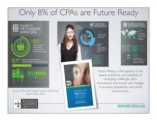 www.blionline.org
Source: CPA.COM Insight into the CPA of the
Future Study 2014
Only 8% of CPAs are Future Ready
Future Ready is the capacity to be
aware, predictive, and adaptive of
emerging challenges, tech
innovations, and trends and changes
in business, population, and social
environment.
 