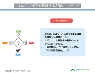 House
Store
Brand
Digital
これからの小売を理解する20のキーワード
• 返品は、Eコマースにとって本来は最
も悩ましい問題の一つ。
• ただ、これを差別化の要素の一つに
捉える流れがある。
• 「返品無料」「100日トライアル」
「リアル返品拠点」など。
10 : Return
Copyright © Scrum Ventures LLC
 