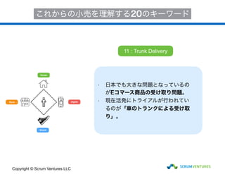 House
Store
Brand
Digital
これからの小売を理解する20のキーワード
• 日本でも大きな問題となっているの
がEコマース商品の受け取り問題。
• 現在活発にトライアルが行われてい
るのが「車のトランクによる受け取
り」。
11 : Trunk Delivery
Copyright © Scrum Ventures LLC
 