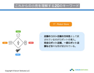 House
Store
Brand
Digital
これからの小売を理解する20のキーワード
• 店舗のコスト圧縮の方向性として試
されているのがロボットの導入。
• 完全ロボット店舗、一部ロボット店
舗など様々な形が試されている。
17 : Robot Store
Copyright © Scrum Ventures LLC
 