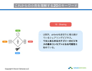 House
Store
Brand
Digital
これからの小売を理解する20のキーワード
• UBER、airbnbを皮切りに増え続け
ているシェアリングビジネス。
• 今後はあらゆるカテゴリーのビジネ
スの基本コンセプトになる可能性を
秘めている。
18 : Sharing
Copyright © Scrum Ventures LLC
 