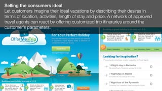 Selling the consumers ideal
Let customers imagine their ideal vacations by describing their desires in
terms of location, activities, length of stay and price. A network of approved
travel agents can react by offering customized trip itineraries around the
customer’s parameters.
 