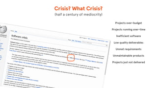 Crisis? What Crisis?
Projects over-budget
Projects running over-time
Inefficient software
Low quality deliverables
Unmet requirements
Unmaintainable products
Projects just not delivered
© The App Business
(half a century of mediocrity)
 
