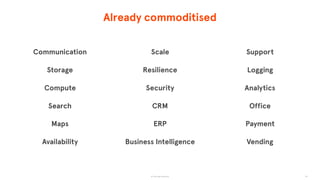 © The App Business
Already commoditised
44
Communication
Storage
Compute
Search
Maps
Availability
Support
Logging
Analytics
Office
Payment
Vending
Scale
Resilience
Security
CRM
ERP
Business Intelligence
 