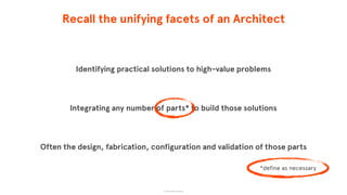 Recall the unifying facets of an Architect
Identifying practical solutions to high-value problems
Integrating any number of parts* to build those solutions
Often the design, fabrication, configuration and validation of those parts
© The App Business
*define as necessary
 