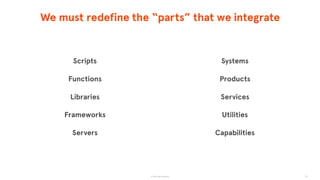 © The App Business
We must redefine the “parts” that we integrate
50
Scripts
Functions
Libraries
Frameworks
Servers
Systems
Products
Services
Utilities
Capabilities
 