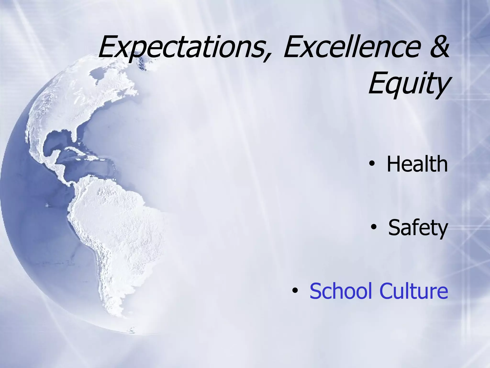Expectations, Excellence & Equity Health Safety School Culture 