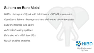 Sahara on Bare Metal
HiBD - Hadoop and Spark with Infiniband and RDMA acceleration
OpenStack Sahara - Manages clusters defined by cluster templates
Supports Hadoop and Spark
Automated scaling up/down
Extended with HiBD from OSU
RDMA-enabled analytics
 
