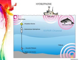 HYDROPHONE
*Microphone designed to be used underwater for recording
or listening to underwater sound.
*Based on a piezoelectric transducer
*Convert a sound signal into an electrical signal since sound
is a pressure wave.
 