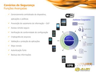 Cenários de Segurança
Funções Avançadas

   Gerenciamento centralizado do dispositivo,

     aplicações e políticas                               Ambiente Corporativo
   Prevenção de vazamento de informação – DLP                  Messaging


   Acesso remoto seguro                                                  Applications

   Verificação de conformidade de configuração

   Criptografia de arquivos                                                        Directory


   Validação e proteção de aplicações            Ecosistema
                                                                                    Certificate
                                                                                    Services
   Wipe remoto

   Autenticação Forte                                                      Files

   Backup das informações
                                                               Database




                                                     VPN
 