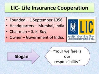LIC- Life Insurance Cooperation
• Founded – 1 September 1956
• Headquarters – Mumbai, India.
• Chairman – S. K. Roy
• Owner – Government of India.
Slogan
“Your welfare is
our
responsibility”
 