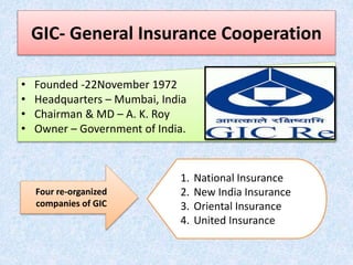 GIC- General Insurance Cooperation
• Founded -22November 1972
• Headquarters – Mumbai, India
• Chairman & MD – A. K. Roy
• Owner – Government of India.
Four re-organized
companies of GIC
1. National Insurance
2. New India Insurance
3. Oriental Insurance
4. United Insurance
 