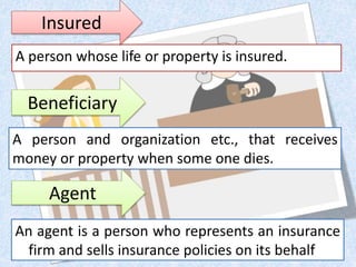 A person whose life or property is insured.
Beneficiary
Insured
A person and organization etc., that receives
money or property when some one dies.
An agent is a person who represents an insurance
firm and sells insurance policies on its behalf
Agent
 