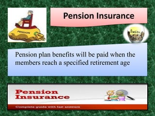 Pension Insurance
Pension plan benefits will be paid when the
members reach a specified retirement age
 