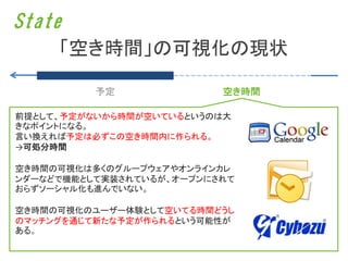 State
     「空き時間」の可視化の現状

          予定              空き時間

前提として、予定がないから時間が空いているというのは大
きなポイントになる。
言い換えれば予定は必ずこの空き時間内に作られる。
→可処分時間

空き時間の可視化は多くのグループウェアやオンラインカレ
ンダーなどで機能として実装されているが、オープンにされて
おらずソーシャル化も進んでいない。

空き時間の可視化のユーザー体験として空いてる時間どうし
のマッチングを通じて新たな予定が作られるという可能性が
ある。
 