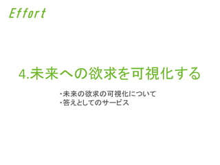 Effort



 4.未来への欲求を可視化する
         ・未来の欲求の可視化について
         ・答えとしてのサービス
 