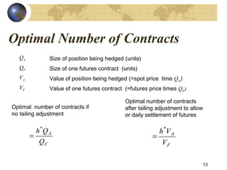 Optimal Number of Contracts
QA Size of position being hedged (units)
QF Size of one futures contract (units)
VA Value of position being hedged (=spot price time QA)
VF Value of one futures contract (=futures price times QF)
13
Optimal number of contracts if
no tailing adjustment
F
A
Q
Qh*
=
Optimal number of contracts
after tailing adjustment to allow
or daily settlement of futures
F
A
V
Vh*
=
 