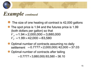 Example continued
The size of one heating oil contract is 42,000 gallons
The spot price is 1.94 and the futures price is 1.99
(both dollars per gallon) so that
Optimal number of contracts assuming no daily
settlement
Optimal number of contracts after tailing
15
033700042000000277770 .,,,. =×=
103658083000880377770 .,,,. =×=
5808300042991
00088030000002941
,,.
,,,,.
=×=
=×=
F
A
V
V
 