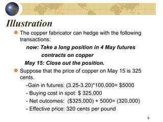 Illustration
The copper fabricator can hedge with the following
transactions:
now: Take a long position in 4 May futures
contracts on copper
May 15: Close out the position.
Suppose that the price of copper on May 15 is 325
cents.
-Gain in futures: (3.25-3.20)*100,000= $5000
- Buying cost in spot: $ 325,000
- Net outcomes: ($325,000) + 5000= (320,000)
- Effective price: 320 cents per pound
9
 