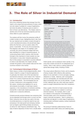 12 Independent - Informed - International
The Future of Silver Industrial Demand - March 2011
3.1 Introduction
One of the underlying themes that emerges from this
report is the unique technical proﬁciency of silver, which
not only makes it suitable for a range of applications,
but limits the ability of industrial users to switch in
favor of lower cost alternatives. This chapter seeks to
identify some of the key technical properties and how
these relate to a given application.
The analysis will then review the production proﬁle of
a select number of uses, highlighting silver’s role, from
the raw material (such as bullion or grain) through to
a semi-manufactured product, the penultimate stage
before the ﬁnal item, such as a photo voltaic (PV)
panel, is assembled. To this end, the accompanying
ﬂow diagrams (see pages 14-15) highlight, quite
succinctly, the various production stages that have
been identiﬁed for a range of industrial products. In
constructing theses charts, however, what has also
emerged is the importance of silver powder as a key
intermediary in many silver industrial applications.
Much of this product is consumed in countries different
to where it was fabricated, this chapter will also
consider the growth in silver powder trade and the main
countries involved in this market.
3.2 Technological Advantages of Silver
Silver enjoys a number of technological beneﬁts, which
makes it ideal for a range of industrial applications.
In particular, the metal is one of the best electrical
and thermal conductors, which makes it the “metal of
choice” for a variety of electrical end-uses, including
switches and contacts. This encompasses the use
of silver in electronics in the preparation of thick-
ﬁlm pastes, including silver-palladium for use as
silk-screened circuit paths, in multi-layer ceramic
capacitors, in the manufacture of membrane switches,
silvered ﬁlm in electrically heated automobile wind
shields and in conductive adhesives.
Contacts provide junctions between two conductors that
can be separated and through which a current can ﬂow.
Silver conductive inks are also now used in the area
of printed electronics, to meet the need for low-cost
processing in the high-growth and emerging markets
such as Organic Light Emitting Diodes and sensors,
as well as for radio frequency identiﬁcation tags. The
ease of electro-deposition of silver from a double-alkali
metal cyanide, such as potassium silver cyanide, or by
using silver anodes accounts for its widespread use in
coating. Silver is also used as a coating material for
optical data storage media, including in DVDs.
The unique optical reﬂectivity of silver, and its property
of being virtually 100% reﬂective after polishing,
allows it to be used both in mirrors and glass coatings,
cellophane or metals. Batteries, both rechargeable
and non-rechargeable, are manufactured with silver
alloys (increasingly silver:zinc) as the cathode. In spite
of their relatively high cost, silver cells enjoy superior
power-to-weight characteristics than their competitors.
Silver, usually in the form of mesh screens but also
as crystals, is employed as a catalyst in numerous
chemical reactions. For example, silver is used
as a catalyst in the production of formaldehyde, a
chemical widely used in the manufacture of other
organic chemicals and plastics. Silver is utilized as a
bactericide and algicide in a wide range of applications,
including water puriﬁcation systems, surface treatments
and disinfectants.
The joining of materials (called brazing if done at
temperatures above 600º Celsius and soldering when
3. The Role of Silver in Industrial Demand
Product Derived from First
Source: GFMS
2010E market share
Semi-manufactured
products 38%
Powder and ﬂake 23%
Silver nitrate 14%
Coin blanks 12%
Silver oxide 7%
Plating salts 6%
The table above provides a broad indication as to the relative
importance of the main intermediate silver products that are
fabricated, before ﬁnal assembly takes place (for example, of PV
cells). Importantly, the table reﬂects global silver demand, including
photography and jewelry, hence the dominant share occupied by semi-
manufactured products (which are used in jewelry & silverware, as well
as the brazing alloys & solders market). Excluding non-industrial uses
for semi-ﬁnished pieces would therefore see powder and ﬂake occupy
top spot in this table. The relatively small share occupied by silver
nitrate reﬂects its position as an intermediary in the fabrication, for
example, of silver oxide. The 14% share shown above for silver nitrate
therefore largely reﬂects its consumption in photography.
© GFMS Ltd / The Silver Institute
Transformation from Bullion
 