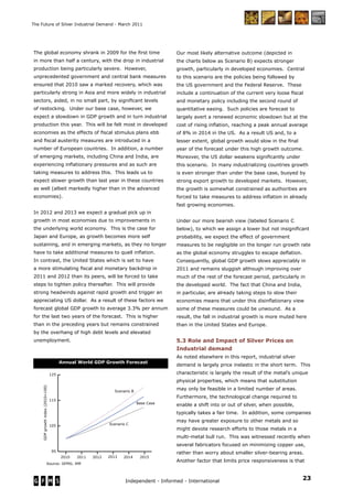 23Independent - Informed - International
The Future of Silver Industrial Demand - March 2011
The global economy shrank in 2009 for the ﬁrst time
in more than half a century, with the drop in industrial
production being particularly severe. However,
unprecedented government and central bank measures
ensured that 2010 saw a marked recovery, which was
particularly strong in Asia and more widely in industrial
sectors, aided, in no small part, by signiﬁcant levels
of restocking. Under our base case, however, we
expect a slowdown in GDP growth and in turn industrial
production this year. This will be felt most in developed
economies as the effects of ﬁscal stimulus plans ebb
and ﬁscal austerity measures are introduced in a
number of European countries. In addition, a number
of emerging markets, including China and India, are
experiencing inﬂationary pressures and as such are
taking measures to address this. This leads us to
expect slower growth than last year in these countries
as well (albeit markedly higher than in the advanced
economies).
In 2012 and 2013 we expect a gradual pick up in
growth in most economies due to improvements in
the underlying world economy. This is the case for
Japan and Europe, as growth becomes more self
sustaining, and in emerging markets, as they no longer
have to take additional measures to quell inﬂation.
In contrast, the United States which is set to have
a more stimulating ﬁscal and monetary backdrop in
2011 and 2012 than its peers, will be forced to take
steps to tighten policy thereafter. This will provide
strong headwinds against rapid growth and trigger an
appreciating US dollar. As a result of these factors we
forecast global GDP growth to average 3.3% per annum
for the last two years of the forecast. This is higher
than in the preceding years but remains constrained
by the overhang of high debt levels and elevated
unemployment.
Our most likely alternative outcome (depicted in
the charts below as Scenario B) expects stronger
growth, particularly in developed economies. Central
to this scenario are the policies being followed by
the US government and the Federal Reserve. These
include a continuation of the current very loose ﬁscal
and monetary policy including the second round of
quantitative easing. Such policies are forecast to
largely avert a renewed economic slowdown but at the
cost of rising inﬂation, reaching a peak annual average
of 8% in 2014 in the US. As a result US and, to a
lesser extent, global growth would slow in the ﬁnal
year of the forecast under this high growth outcome.
Moreover, the US dollar weakens signiﬁcantly under
this scenario. In many industrializing countries growth
is even stronger than under the base case, buoyed by
strong export growth to developed markets. However,
the growth is somewhat constrained as authorities are
forced to take measures to address inﬂation in already
fast growing economies.
Under our more bearish view (labeled Scenario C
below), to which we assign a lower but not insigniﬁcant
probability, we expect the effect of government
measures to be negligible on the longer run growth rate
as the global economy struggles to escape deﬂation.
Consequently, global GDP growth slows appreciably in
2011 and remains sluggish although improving over
much of the rest of the forecast period, particularly in
the developed world. The fact that China and India,
in particular, are already taking steps to slow their
economies means that under this disinﬂationary view
some of these measures could be unwound. As a
result, the fall in industrial growth is more muted here
than in the United States and Europe.
5.3 Role and Impact of Silver Prices on
Industrial demand
As noted elsewhere in this report, industrial silver
demand is largely price inelastic in the short term. This
characteristic is largely the result of the metal’s unique
physical properties, which means that substitution
may only be feasible in a limited number of areas.
Furthermore, the technological change required to
enable a shift into or out of silver, when possible,
typically takes a fair time. In addition, some companies
may have greater exposure to other metals and so
might devote research efforts to those metals in a
multi-metal bull run. This was witnessed recently when
several fabricators focused on minimizing copper use,
rather than worry about smaller silver-bearing areas.
Another factor that limits price responsiveness is that
Annual World GDP Growth Forecast
95
105
115
125
201520142013201220112010
Base Case
Source: GFMS; IMF
GDPgrowthindex(2010=100)
Scenario C
Scenario B
 