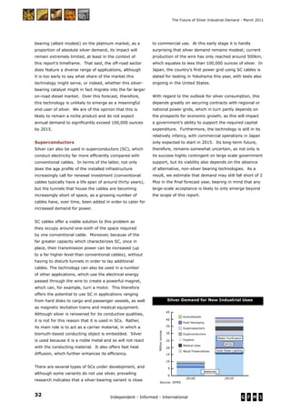32 Independent - Informed - International
The Future of Silver Industrial Demand - March 2011
bearing (albeit modest) on the platinum market, as a
proportion of absolute silver demand, its impact will
remain extremely limited, at least in the context of
this report’s timeframe. That said, the off-road sector
does feature a diverse range of applications, although
it is too early to say what share of the market this
technology might serve, or indeed, whether this silver-
bearing catalyst might in fact migrate into the far larger
on-road diesel market. Over this forecast, therefore,
this technology is unlikely to emerge as a meaningful
end-user of silver. We are of the opinion that this is
likely to remain a niche product and do not expect
annual demand to signiﬁcantly exceed 100,000 ounces
by 2015.
Superconductors
Silver can also be used in superconductors (SC), which
conduct electricity far more efﬁciently compared with
conventional cables. In terms of the latter, not only
does the age proﬁle of the installed infrastructure
increasingly call for renewal investment (conventional
cables typically have a life span of around thirty years),
but the tunnels that house the cables are becoming
increasingly short of space, as a growing number of
cables have, over time, been added in order to cater for
increased demand for power.
SC cables offer a viable solution to this problem as
they occupy around one-sixth of the space required
by one conventional cable. Moreover, because of the
far greater capacity which characterizes SC, once in
place, their transmission power can be increased (up
to a far higher level than conventional cables), without
having to disturb tunnels in order to lay additional
cables. The technology can also be used in a number
of other applications, which use the electrical energy
passed through the wire to create a powerful magnet,
which can, for example, turn a motor. This therefore
offers the potential to use SC in applications ranging
from hard disks to cargo and passenger vessels, as well
as magnetic levitation trains and medical equipment.
Although silver is renowned for its conductive qualities,
it is not for this reason that it is used in SCs. Rather,
its main role is to act as a carrier material, in which a
bismuth-based conducting object is embedded. Silver
is used because it is a noble metal and so will not react
with the conducting material. It also offers fast heat
diffusion, which further enhances its efﬁciency.
There are several types of SCs under development, and
although some variants do not use silver, prevailing
research indicates that a silver-bearing variant is close
to commercial use. At this early stage it is hardly
surprising that silver demand remains modest; current
production of the wire has only reached around 500km,
which equates to less than 100,000 ounces of silver. In
Japan, the country’s ﬁrst power grid using SC cables is
slated for testing in Yokohama this year, with tests also
ongoing in the United States.
With regard to the outlook for silver consumption, this
depends greatly on securing contracts with regional or
national power grids, which in turn partly depends on
the prospects for economic growth, as this will impact
a government’s ability to support the required capital
expenditure. Furthermore, the technology is still in its
relatively infancy, with commercial operations in Japan
only expected to start in 2015. Its long-term future,
therefore, remains somewhat uncertain, as not only is
its success highly contingent on large scale government
support, but its viability also depends on the absence
of alternative, non-silver bearing technologies. As a
result, we estimate that demand may still fall short of 2
Moz in the ﬁnal forecast year, bearing in mind that any
large-scale acceptance is likely to only emerge beyond
the scope of this report.
Silver Demand for New Industrial Uses
0
5
10
15
20
25
30
35
40
45
autocats
food pa
superca
superco
hyg
med
wood
water
rfid
ssl
2015F2010E
Millionounces
New uses 2010 vs 2015
Batteries
Source: GFMS
Wood Preservatives
Medical Uses
Hygiene
Superconductors
Supercapacitors
Food Packaging
Autocatalysts
Solid State Lighting
RFID
Water Purification
 