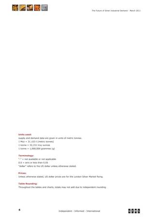 4 Independent - Informed - International
The Future of Silver Industrial Demand - March 2011
Units used:
supply and demand data are given in units of metric tonnes.
1 Moz = 31.103 t (metric tonnes)
1 tonne = 32,151 troy ounces
1 tonne = 1,000,000 grammes (g)
Terminology:
“-” = not available or not applicable
0.0 = zero or less than 0.05
“dollar” refers to the US dollar unless otherwise stated.
Prices:
Unless otherwise stated, US dollar prices are for the London Silver Market ﬁxing.
Table Rounding:
Throughout the tables and charts, totals may not add due to independent rounding.
 