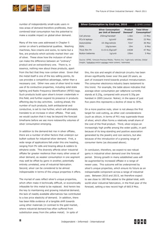 8 Independent - Informed - International
The Future of Silver Industrial Demand - March 2011
number of independently small-scale users in
new areas of demand therefore proliferate, their
combined total consumption has the potential to
make a sizable impact on global silver demand.
Many of the new uses addressed in Chapter 5
center on silver’s antibacterial qualities. Washing
machines, face creams and socks, to name but a
few, are products which actively market their use
of silver. These show how the inclusion of silver
can make the difference between an “ordinary”
product and an extraordinary one. There is, in
essence, nothing new about these products, apart
Silver Consumption by End-Use, 2010 © GFMS Limited
Silver Consumption Product Total Silver
per Unit of Demand4
Demand5
Consumption5
Cell phones 250mg/handset1
1.6bn 13 Moz
PCs & laptops 1g/unit1
690m 22 Moz
Automobiles 10-30g/vehicle 72m3
36 Moz
PDPs 10g/screen 19m 6 Moz
Thick ﬁlm PV 0.15-0.25g/cell2
14GW 47 Moz
Button batteries 1g/unit 156m 5 Moz
Source: GFMS, 1
Umicore Precious Metals, 2
Technic Inc; 3
Light duty vehicles, Global
Insight; 4
indicative and/or average metal content; 5
estimated
this, the size and weight of electrical circuitry has been
driven signiﬁcantly lower over the past 20 years, as
part of incessant trend towards product miniaturization.
The consumer electronics industry bears testament to
this trend. For example, the table above indicates that
average silver consumption per cellphone currently
stands at 0.25g, compared with around 0.35g per
handset in 2005 (source: Nokia); in the space of just
ﬁve years this represents a decline of close to 30%.
On a more positive note, silver is not always the ﬁrst
target for cost-cutting, as other cost considerations
(such as silicon, in terms of PV) may supersede those
of silver, which often forms a relatively small share of
the cost of the ﬁnal product. Third, silver enjoys an
increasingly high proﬁle among the wider public, in part
because of its long-standing and positive association
generated by the jewelry and coin sectors, but also
because of the introduction of a growing range of
consumer items (as discussed above).
In conclusion, therefore, we expect to see robust
gains in industrial silver demand over the forecast
period. Strong growth in many established uses will
be augmented by increased offtake in a range of
newer uses. This outcome will be underpinned by
silver’s unique properties, which ensure its future as an
indispensable component across a range of industrial
uses. Between 2010 and 2015, we therefore expect
to see close to 180 Moz added to the global total, with
world silver industrial fabrication, in the ﬁnal year of the
forecast, setting a new record high of 665.9 Moz.
from the fact that they now contain silver. Given that
the metal itself is one of the key selling points, its
use provides a competitive advantage, rather than a
necessary cost. Other new uses of silver tend to make
use of its conductive properties, including solid state
lighting and Radio Frequency Identiﬁcation (RFID) tags.
Such products build upon silver’s known credentials in
this ﬁeld, and further expand its presence in products
affecting day-to-day activities. Looking ahead, the
number of such products, both antibacterial and
conductive, is set to rise further, which will ultimately
translate to an increase in silver offtake. That said,
we would caution that it may be beyond the forecast
timeframe before we see more noteworthy volumes of
silver consumption emerging.
In addition to the demand-led rise in silver offtake,
there are a number of other factors that underpin our
bullish outlook for industrial silver demand. First, a
wide range of applications fall under this one heading,
ranging from PV cells and brazing alloys & solders to
ethylene oxide. This diversity affords silver industrial
offtake far greater resilience than many other areas of
silver demand, as weaker consumption in one segment
may well be offset by gains in another, potentially
entirely unrelated, area of industrial fabrication.
Second, silver can be considered to be almost
indispensable in terms of the unique properties it offers.
The myriad of uses reﬂect silver’s unique properties,
which often make it technically difﬁcult, or economically
infeasible for this metal to be replaced. And herein lies
the key to maintaining and growing industrial demand;
the lack of readily available alternatives has contributed
to a low price elasticity of demand. In addition, there
has been little evidence of a tangible shift towards
using other materials (in contrast to the gold market,
where industrial demand has often suffered from
substitution away from the yellow metal). In spite of
 