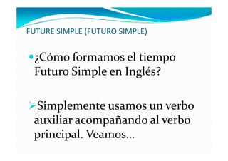 FUTURE SIMPLE (FUTURO SIMPLE)


 ¿Cómo formamos el tiempo
 Futuro Simple en Inglés?

  Simplemente usamos un verbo
 auxili...