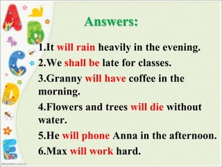 Answers:
1.It will rain heavily in the evening.
2.We shall be late for classes.
3.Granny will have coffee in the
morning.
4.Flowers and trees will die without
water.
5.He will phone Anna in the afternoon.
6.Max will work hard.
 