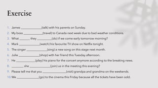 Exercise
1. James ______________(talk) with his parents on Sunday.
2. My boss _____________(travel) to Canada next week due to bad weather conditions.
3. What _______ they __________(do) if we come early tomorrow morning?
4. Mark ______________(watch) his favourite TV show on Netflix tonight.
5. The singer ______________(sing) a new song on this stage next month.
6. Julie ______________(shop) with her friend this Tuesday afternoon.
7. He _____________(play) his piano for the concert anymore according to the breaking news.
8. ________ she ______________(join) us in the meeting this evening?
9. Please tell me that you ________________(visit) grandpa and grandma on the weekends.
10.We _______________(go) to the cinema this Friday because all the tickets have been sold.
 