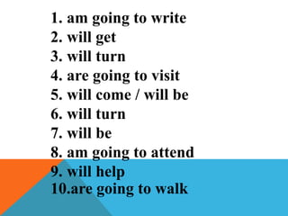 1. am going to write
2. will get
3. will turn
4. are going to visit
5. will come / will be
6. will turn
7. will be
8. am going to attend
9. will help
10.are going to walk
 