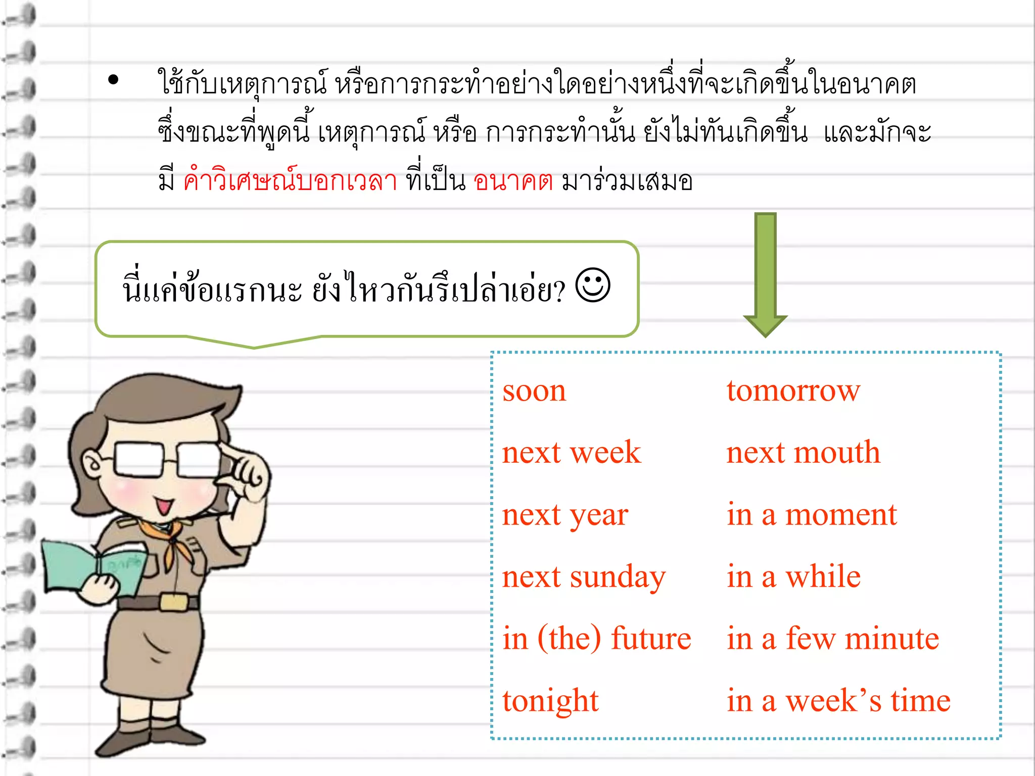 • ใช้กับเหตุการณ์ หรือการกระทาอย่างใดอย่างหนึ่งที่จะเกิดขึ้นในอนาคต
ซึ่งขณะที่พูดนี้เหตุการณ์ หรือ การกระทานั้น ยังไม่ทันเกิดขึ้น และมักจะ
มี คาวิเศษณ์บอกเวลา ที่เป็น อนาคต มาร่วมเสมอ
soon tomorrow
next week next mouth
next year in a moment
next sunday in a while
in (the) future in a few minute
tonight in a week’s time
นี่แค่ข้อแรกนะ ยังไหวกันรึเปล่าเอ่ย? 
 
