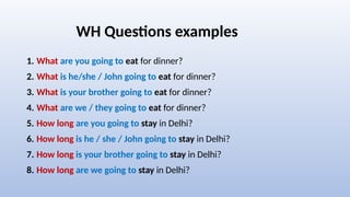 WH Questions examples
1. What are you going to eat for dinner?
2. What is he/she / John going to eat for dinner?
3. What is your brother going to eat for dinner?
4. What are we / they going to eat for dinner?
5. How long are you going to stay in Delhi?
6. How long is he / she / John going to stay in Delhi?
7. How long is your brother going to stay in Delhi?
8. How long are we going to stay in Delhi?
 