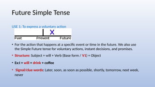 Future Simple Tense
USE 1: To express a voluntary action
• For the action that happens at a specific event or time in the future. We also use
the Simple Future tense for voluntary actions, instant decisions, and promises.
• Structure: Subject + will + Verb (Base form / V1) + Object
• Ex:I + will + drink + coffee
• Signal/clue words: Later, soon, as soon as possible, shortly, tomorrow, next week,
never
 