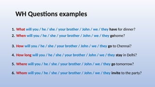WH Questions examples
1. What will you / he / she / your brother / John / we / they have for dinner?
2. When will you / he / she / your brother / John / we / they gohome?
3. How will you / he / she / your brother / John / we / they go to Chennai?
4. How long will you / he / she / your brother / John / we / they stay in Delhi?
5. Where will you / he / she / your brother / John / we / they go tomorrow?
6. Whom will you / he / she / your brother / John / we / they invite to the party?
 